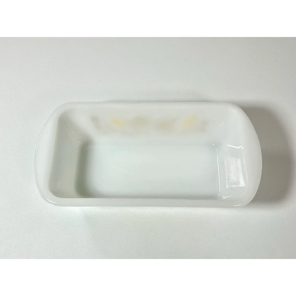Vintage Glasbake White Glass Yellow / Brown Daisies Baking Loaf Pan Dish